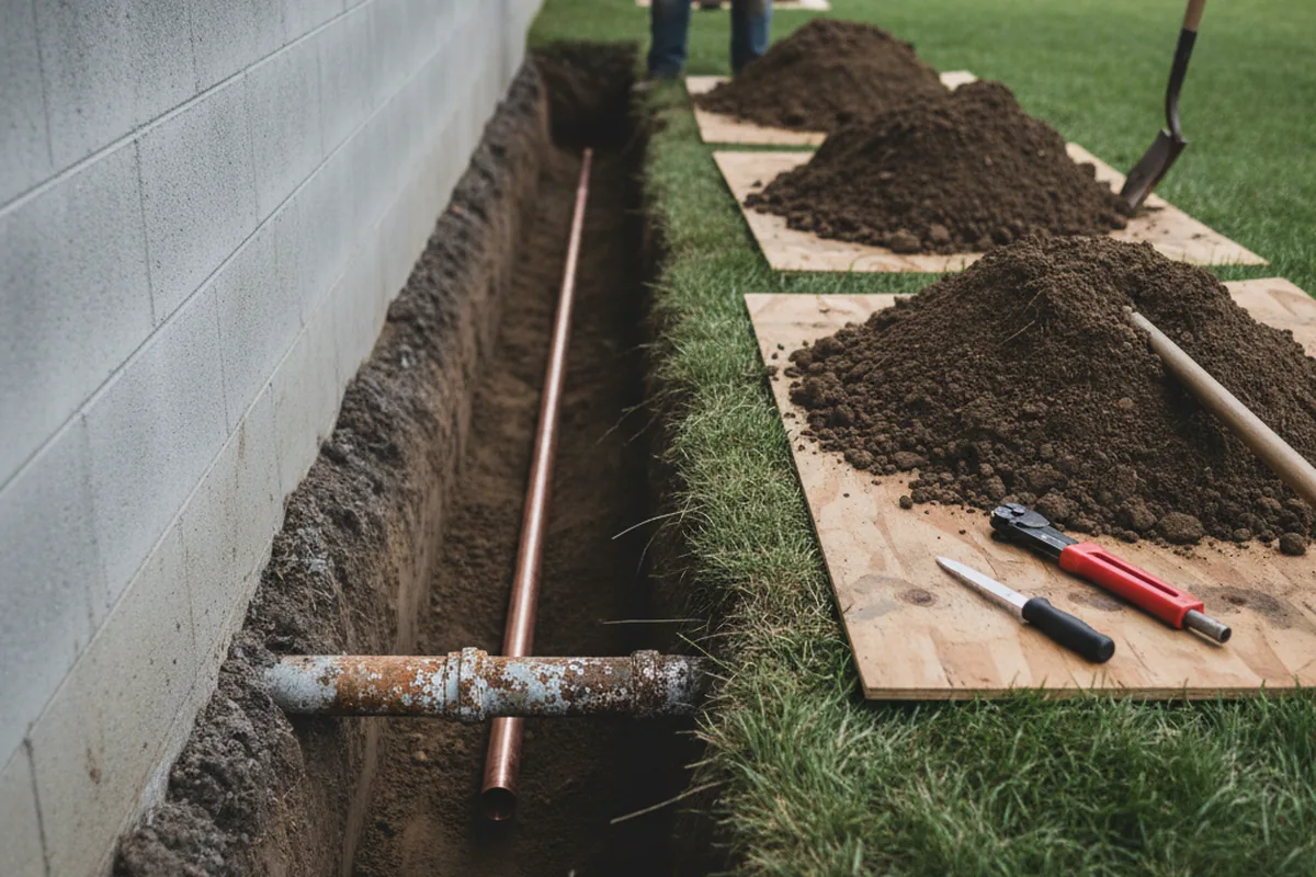 Excavated water line trench during Sewer Line Repair in Falfurrias